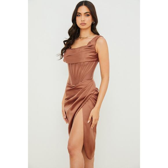 House of CB Lulu Toffee Asymmetric Drape Midi Corset Dress Size L+ Large Plus - Picture 3 of 10